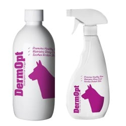 DermOpt - Produkt-/Werbebild, Sprühflasche und Shampoo