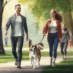 Eine Frau und ein Mann gehen zusammen mit einem Hund im Park spazieren.