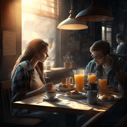 Zwei Freunde frühstücken zusammen in einem Restaurant.