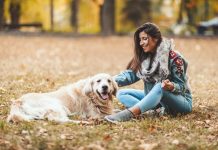 Eine Frau streichelt glücklich ihren Golden Retriever. Grundkenntnisse über Hunde hat sie beim Hundeführerschein oder Sachkundenachweis gelernt.